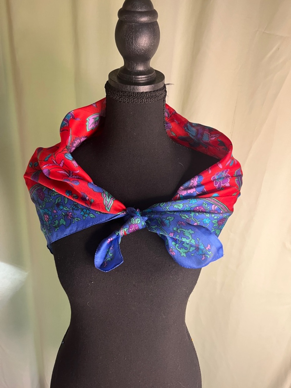 Silk Floral Print Scarf - Red & Blue 30” Square Scarf